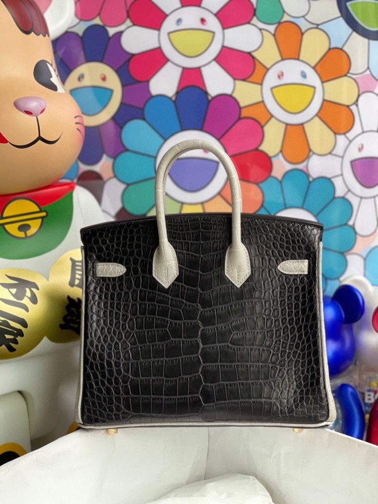 Hermès（爱马仕）Birkin 铂金包 Alligator 马蹄雾面鳄鱼 ck89 黑色 拼 ck80 珍珠灰 磨砂金扣 马蹄印 25cm