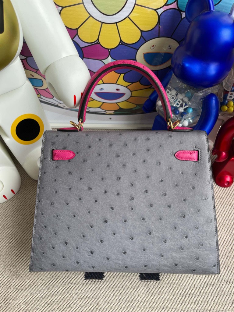 Hermès（爱马仕）Kelly 凯莉包 Ostrich kk鸵鸟 玛瑙灰拼桃粉 金扣 25cm 马蹄印 顶级手缝