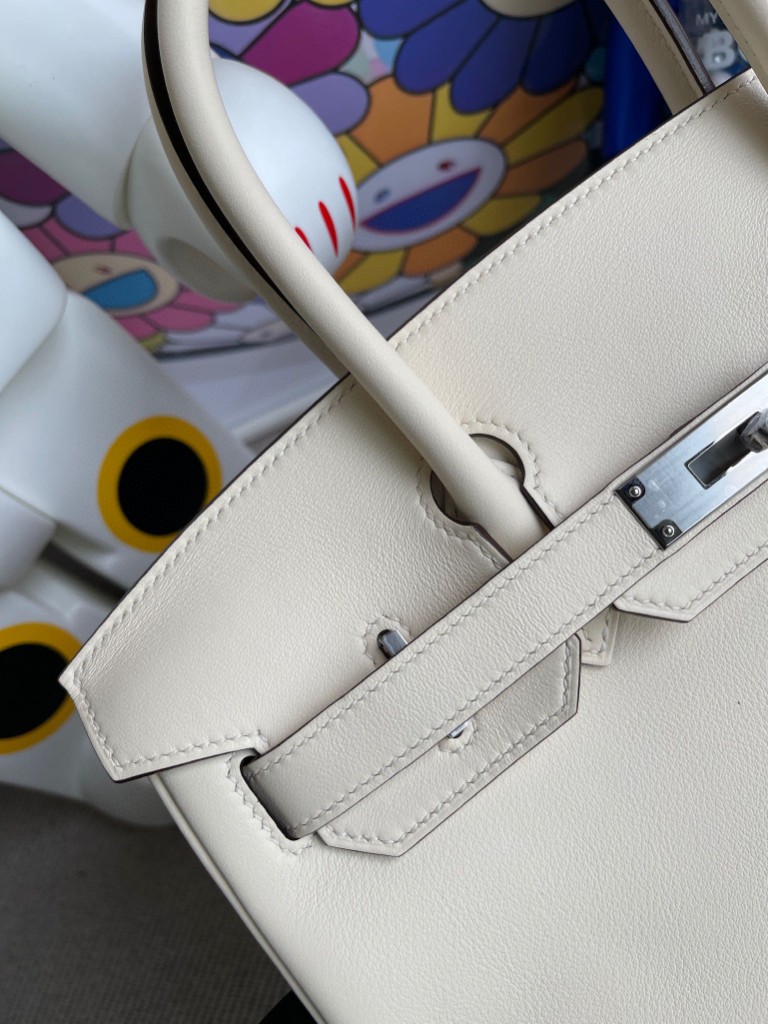 Hermès(爱马仕)Birkin 铂金包 Swift皮 nata 奶昔白 银扣 30cm 顶级手缝-拉尔森鳄鱼皮具定制 - 爱马仕包包官网 Hermès(爱马仕)Birkin 铂金包 Swift皮 nata 奶昔白 银扣 30cm 顶级手缝