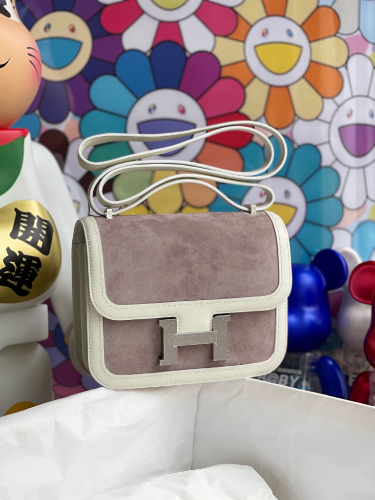 Hermès（爱马仕）Constance 空姐包 麂皮 swift 奶白 银扣 18cm 顶级手缝 定制