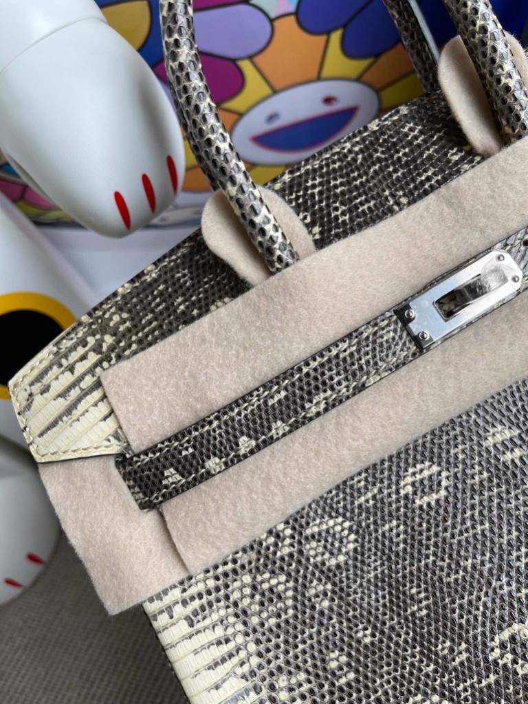 Hermès（爱马仕）Birkin 铂金包 Lizard 进口亮面蜥蜴 原色 小喜马拉雅色 银扣 25cm 顶级手缝