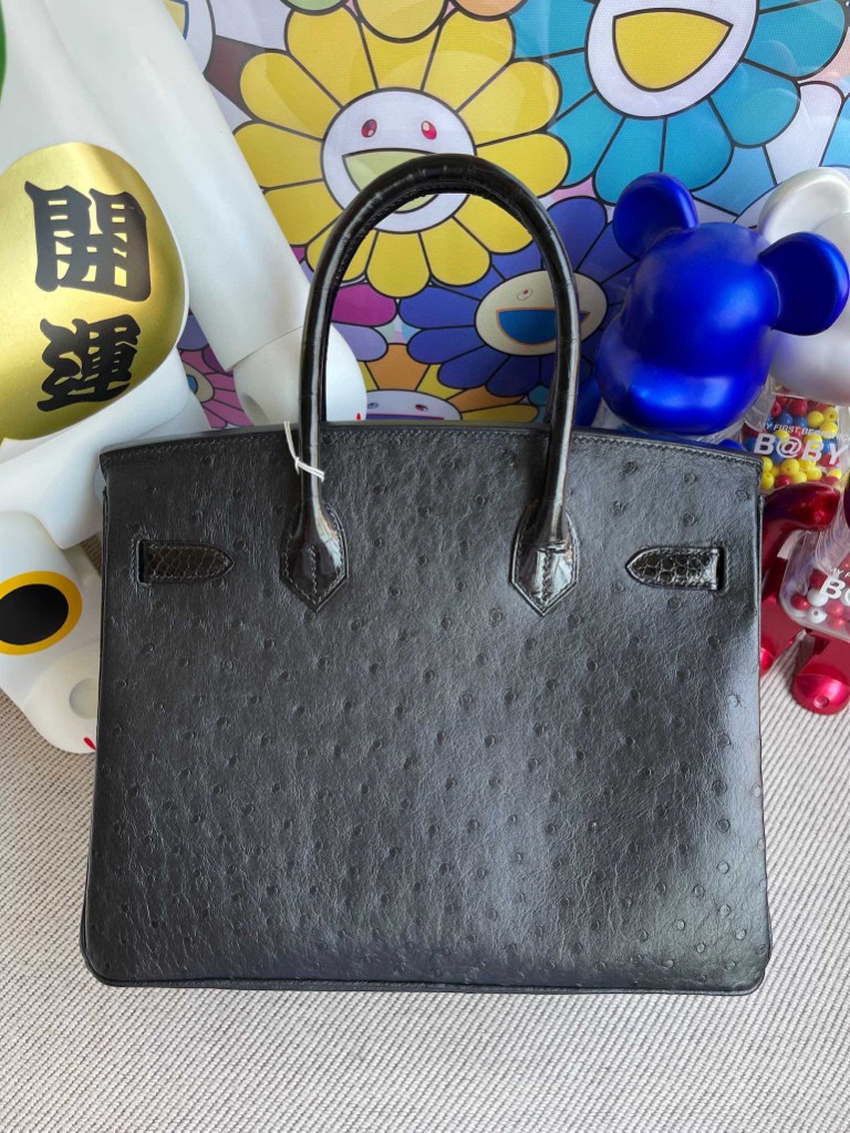 Hermès（爱马仕）Birkin Touch系列 Ostrich crocodile 黑色 银扣 30cm