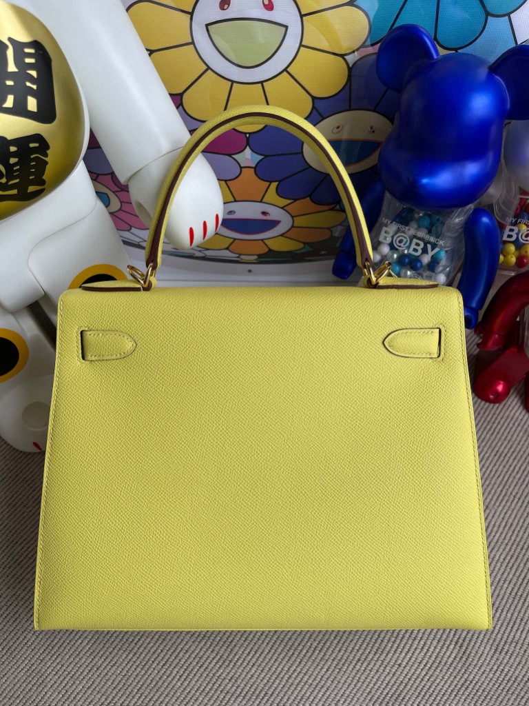 Hermès（爱马仕）Kelly 凯莉包 Epsom 原厂掌纹皮 9R 柠檬黄 Lime 金扣 28cm 顶级手缝