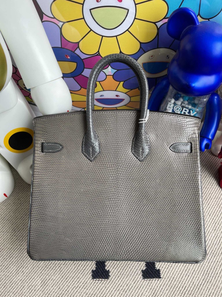 Hermès（爱马仕）Birkin 铂金包 Lizard 进口亮面蜥蜴 斑鸠灰 拼 锡器灰 银扣 25cm 顶级手缝