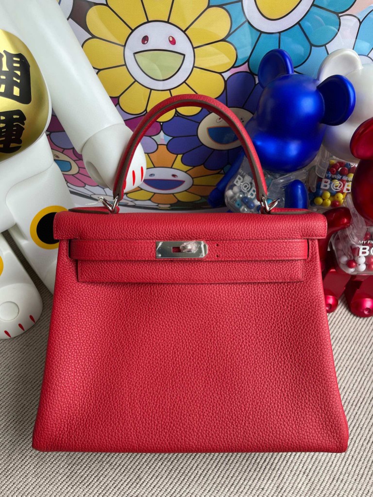 Hermès（爱马仕）Kelly 凯莉包 原厂小牛皮 Q5 国旗红 Rouge casaque 银扣 28cm 顶级手缝