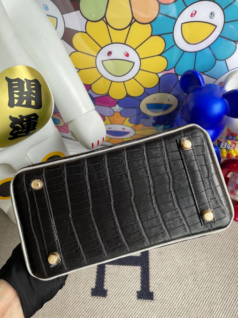 Hermès（爱马仕）Birkin 铂金包 Alligator 马蹄雾面鳄鱼 ck89 黑色 拼 ck80 珍珠灰 磨砂金扣 马蹄印 25cm
