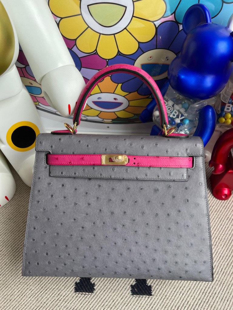 Hermès（爱马仕）Kelly 凯莉包 Ostrich kk鸵鸟 玛瑙灰拼桃粉 金扣 25cm 马蹄印 顶级手缝