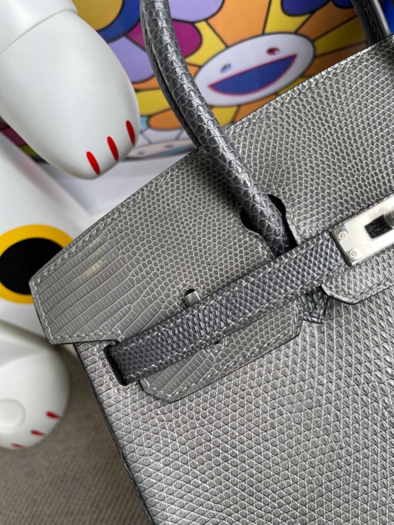 Hermès（爱马仕）Birkin 铂金包 Lizard 进口亮面蜥蜴 斑鸠灰 拼 锡器灰 银扣 25cm 顶级手缝