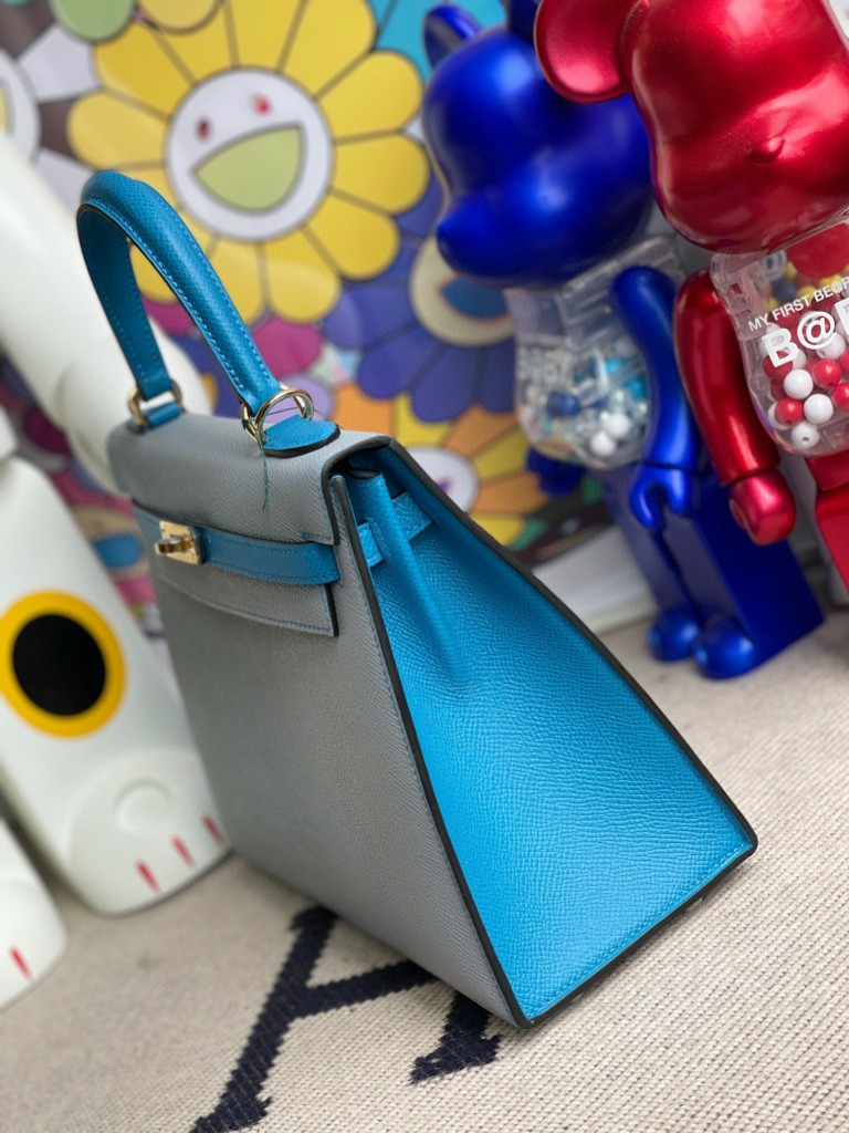 Hermès（爱马仕）Kelly 凯莉包 Epsom 原厂掌纹皮 亚麻蓝拼坦桑尼亚蓝 金扣 25cm 顶级手缝