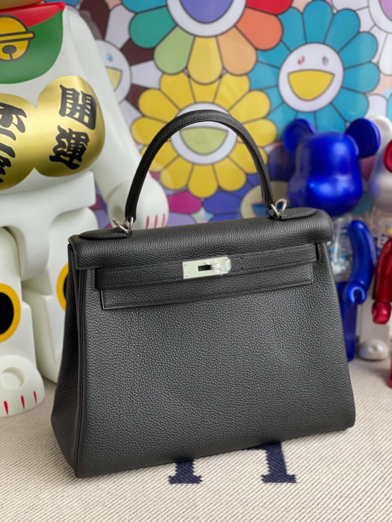 Hermès（爱马仕）Kelly 凯莉包 原厂小牛皮 Togo ck89 黑色 Noir 银扣 28cm 顶级手缝