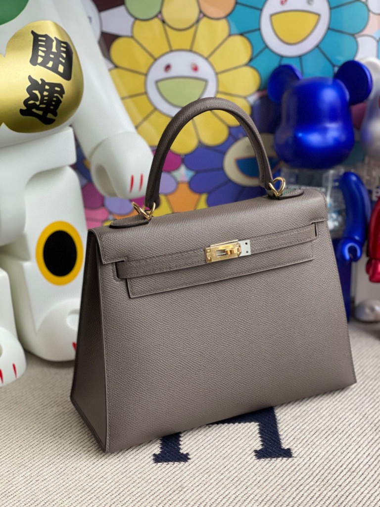 Hermès（爱马仕）Kelly 凯莉包 Epsom 原厂掌纹皮 etain 锡器灰 金扣 25cm 顶级手缝