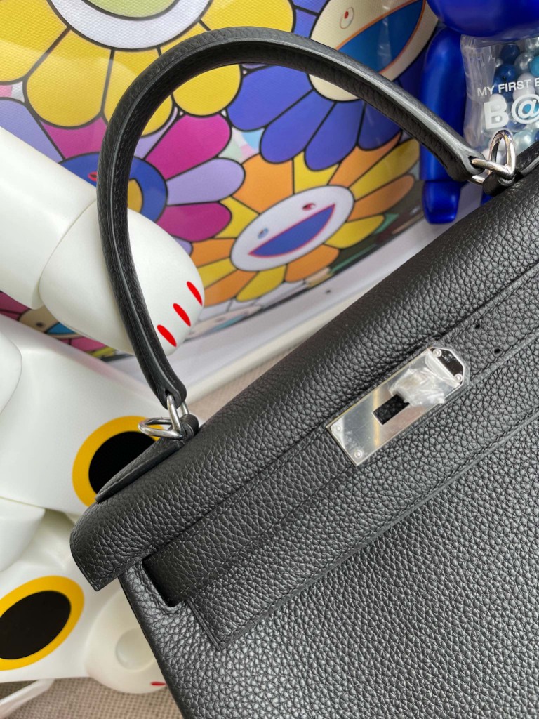 Hermès（爱马仕）Kelly 凯莉包 原厂小牛皮 Togo ck89 黑色 Noir 银扣 28cm 顶级手缝