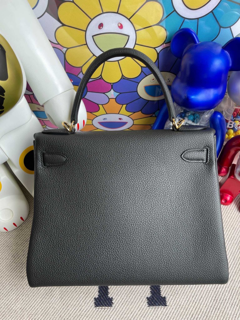 Hermès（爱马仕）Kelly 凯莉包 原厂小牛皮 Togo ck89 黑色 Noir 金扣 28cm 顶级手缝