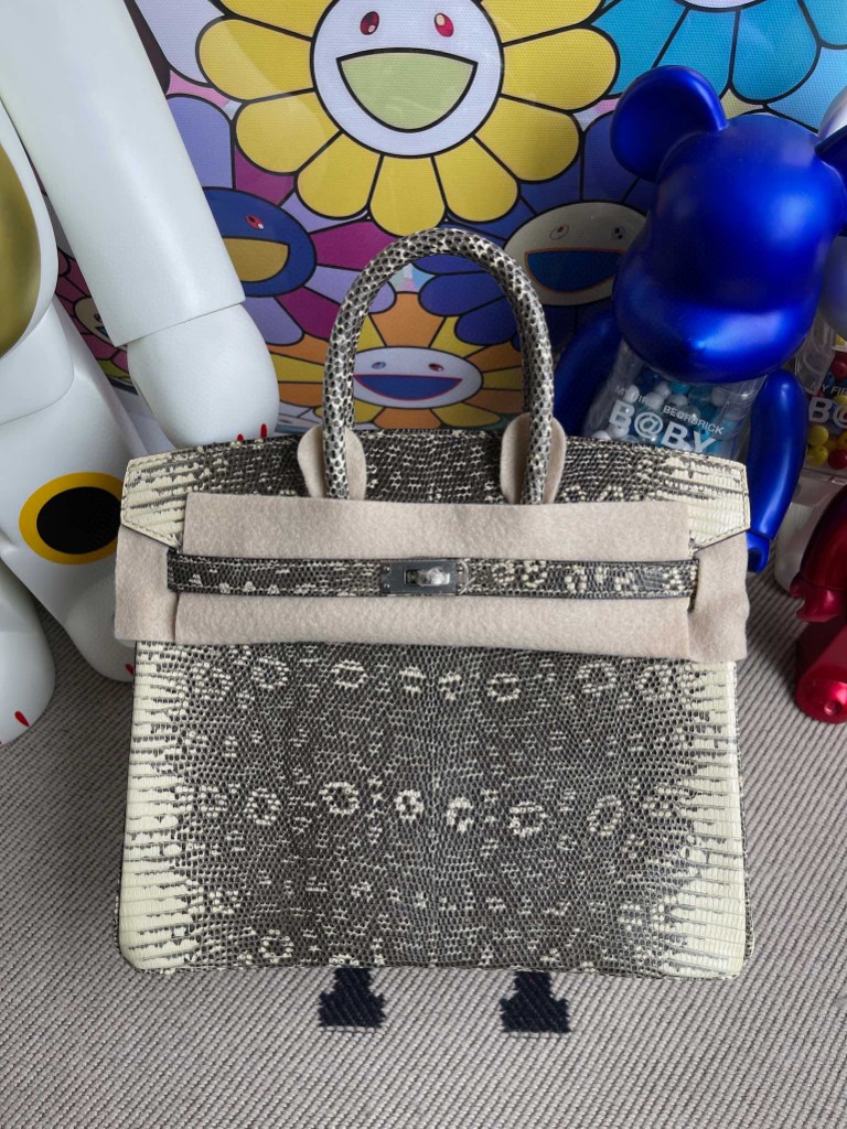 Hermès（爱马仕）Birkin 铂金包 Lizard 进口亮面蜥蜴 原色 小喜马拉雅色 银扣 25cm 顶级手缝