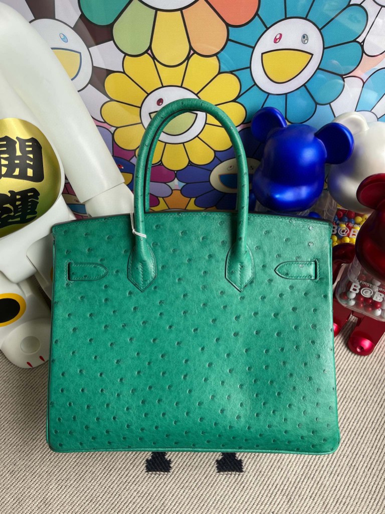 Hermès（爱马仕）Birkin 铂金包 Ostrich kk鸵鸟 U4 丝绒绿内拼唇膏粉 金扣 30cm 马蹄印 顶级手缝