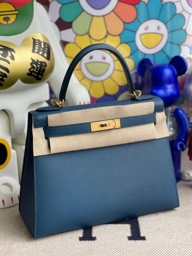 Hermès（爱马仕）Kelly 凯莉包 Epsom 原厂掌纹皮 S4 深邃蓝 deep blue 金扣 28cm 顶级手缝