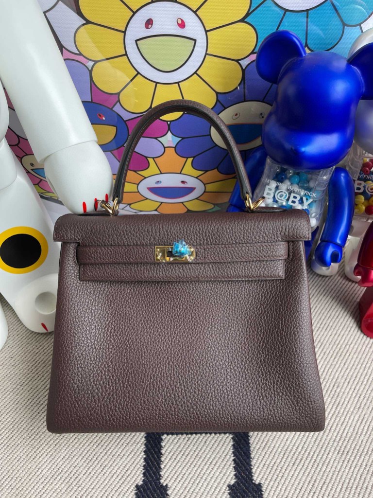 Hermès（爱马仕）Kelly 凯莉包 原厂小牛皮 togo 乌木色 金扣 25cm 顶级手缝
