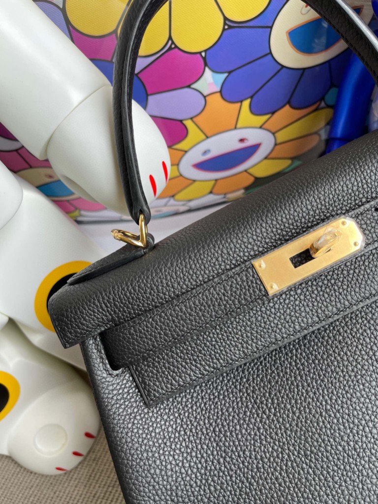 Hermès（爱马仕）Kelly 凯莉包 原厂小牛皮 Togo ck89 黑色 Noir 金扣 28cm 顶级手缝