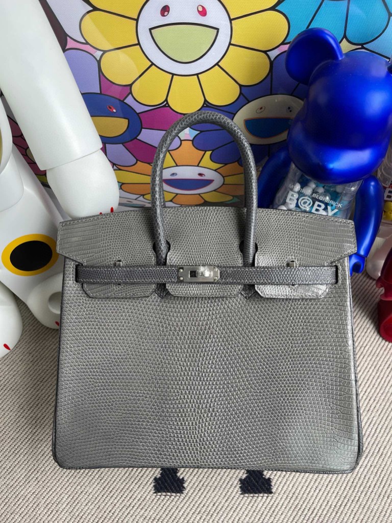 Hermès（爱马仕）Birkin 铂金包 Lizard 进口亮面蜥蜴 斑鸠灰 拼 锡器灰 银扣 25cm 顶级手缝