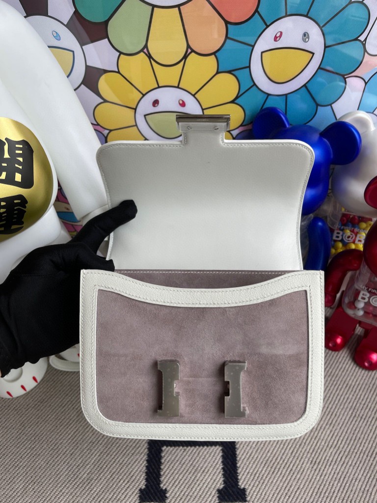Hermès（爱马仕）Constance 空姐包 麂皮 swift 奶白 银扣 18cm 顶级手缝 定制