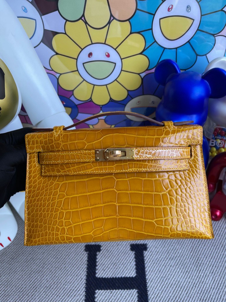 Hermès（爱马仕）Mini kelly pochette Alligator shiny 亮面鳄鱼 9D 琥珀黄 Ambre 金扣 22cm 顶级手缝