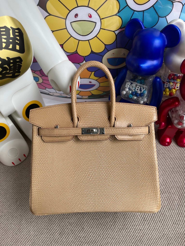Hermès（爱马仕）Birkin 铂金包 Lizard 进口亮面蜥蜴 杏色 银扣 25cm 顶级手缝 定制