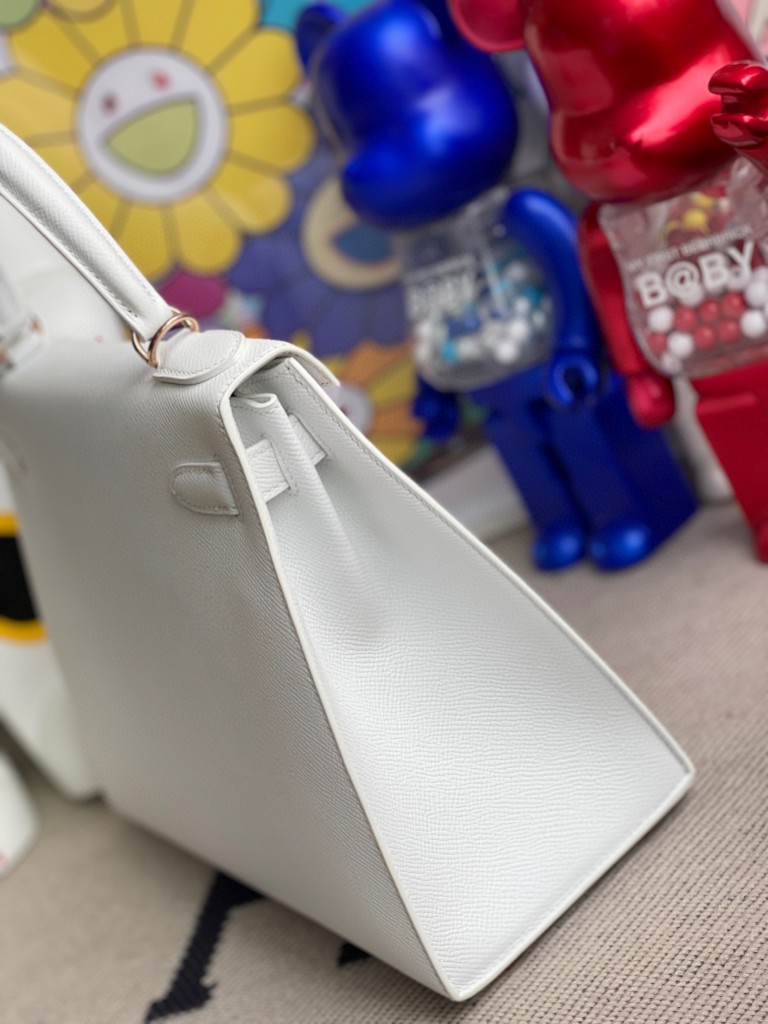 Hermès（爱马仕）Kelly 凯莉包 Epsom 原厂掌纹皮 01 纯白 White 白雪公主 玫瑰金扣 rose gold 28cm 顶级手缝