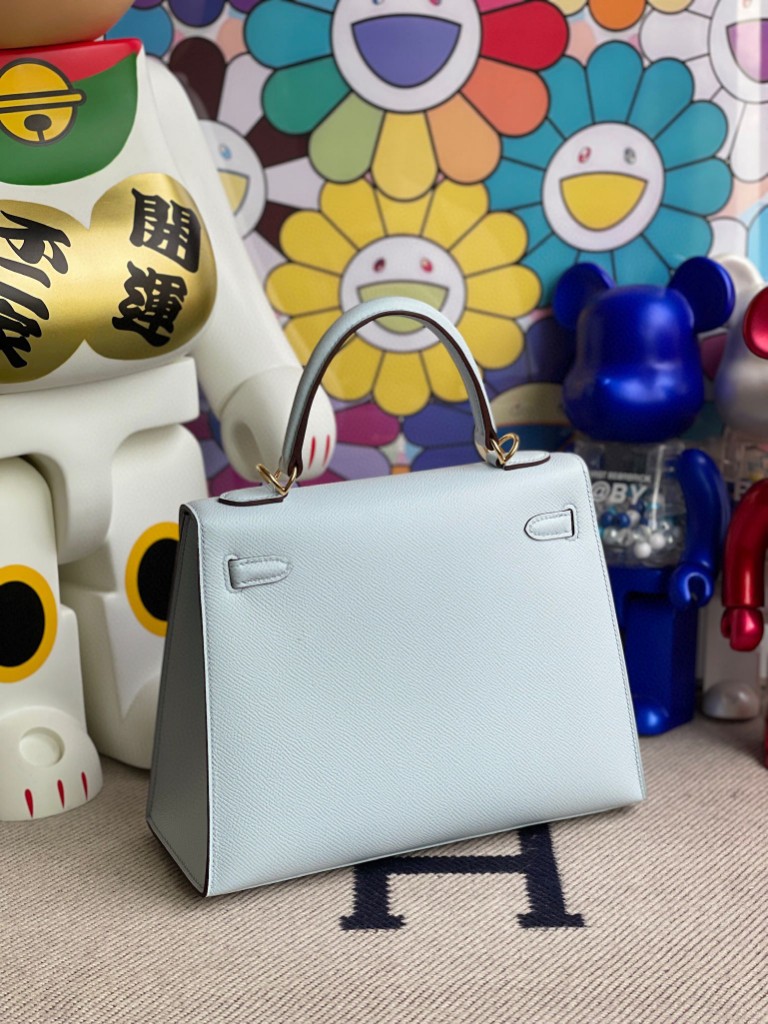 Hermès（爱马仕）Kelly 凯莉包 Epsom 原厂掌纹皮 T0 雾蓝色 金扣 25cm 顶级手缝