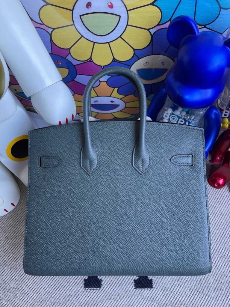 Hermès（爱马仕）Birkin 铂金包 Epsom 原厂掌纹皮灰 绿色 银扣 25cm 顶级手缝