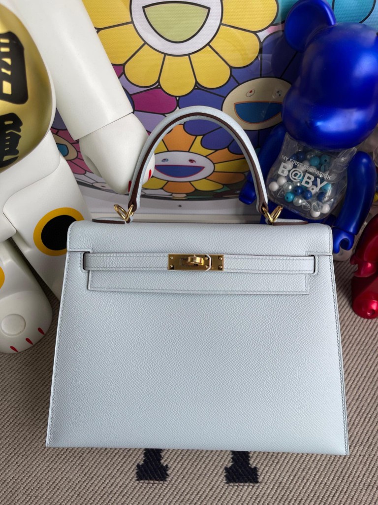 Hermès（爱马仕）Kelly 凯莉包 Epsom 原厂掌纹皮 T0 雾蓝色 金扣 25cm 顶级手缝