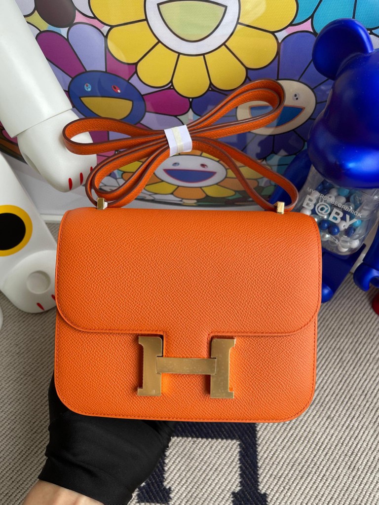 Hermès（爱马仕）Constance 空姐包 Epsom 原厂掌纹皮 93 橙色 Orange 金扣 18cm 顶级手缝