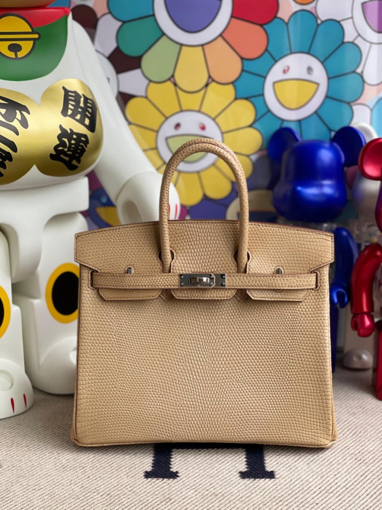 Hermès（爱马仕）Birkin 铂金包 Lizard 进口亮面蜥蜴 杏色 银扣 25cm 顶级手缝 定制