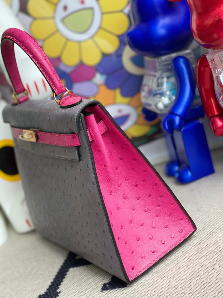 Hermès（爱马仕）Kelly 凯莉包 Ostrich kk鸵鸟 玛瑙灰拼桃粉 金扣 25cm 马蹄印 顶级手缝