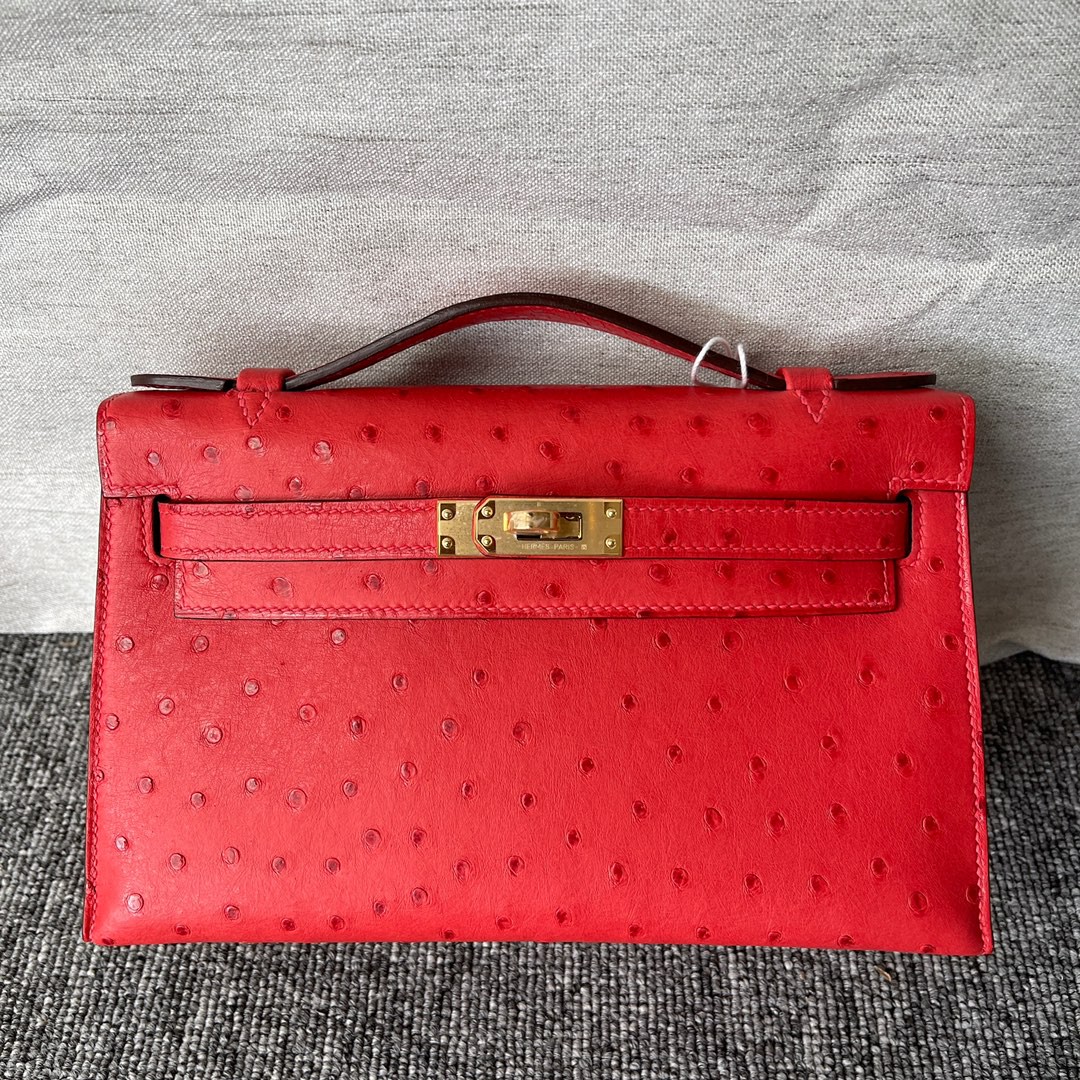 Hermès（爱马仕）Mini kelly pochette Q5 国旗红 鸵鸟皮 金扣 22cm 顶级手缝 手拿包 晚宴包