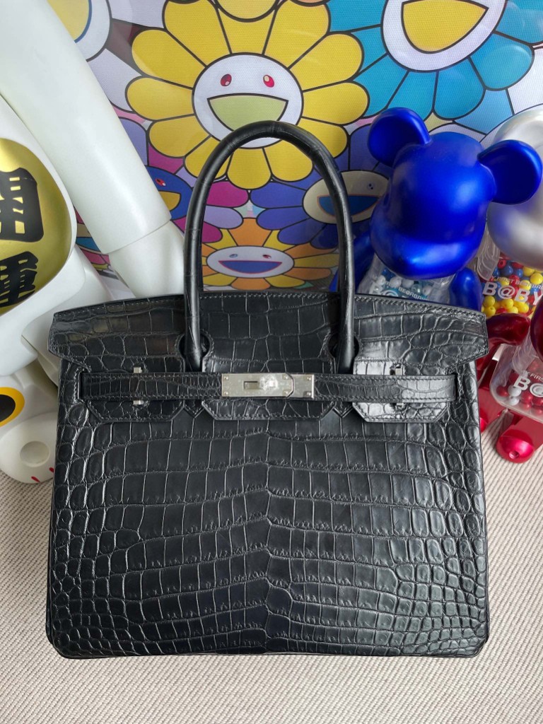 Hermès（爱马仕）Birkin 铂金包 Crocodile matt 雾面鳄鱼 ck89 黑色 Noir 银扣 30cm 顶级手缝