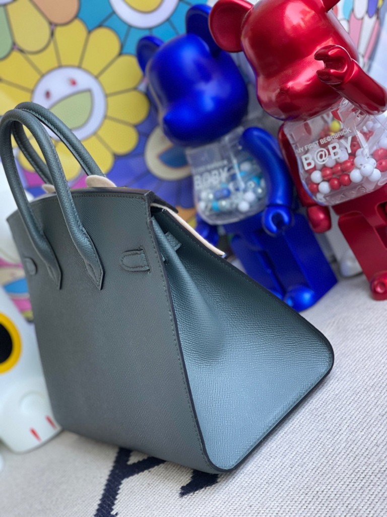 Hermès（爱马仕）Birkin 铂金包 Epsom 原厂掌纹皮灰 绿色 银扣 25cm 顶级手缝