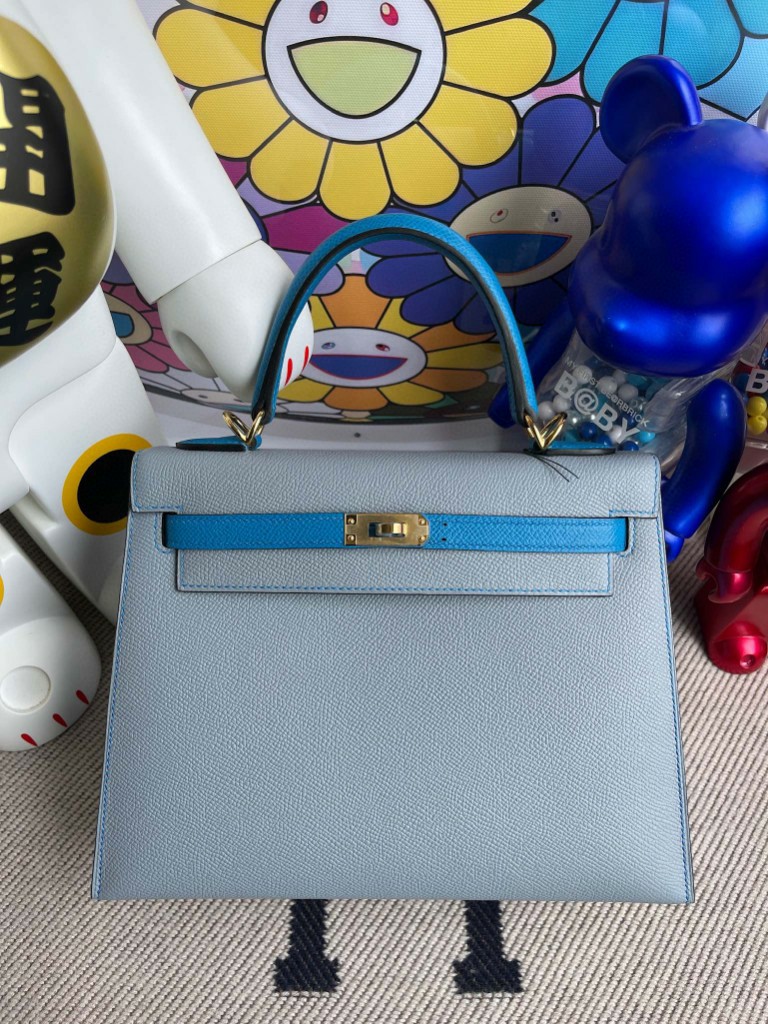 Hermès（爱马仕）Kelly 凯莉包 Epsom 原厂掌纹皮 亚麻蓝拼坦桑尼亚蓝 金扣 25cm 顶级手缝