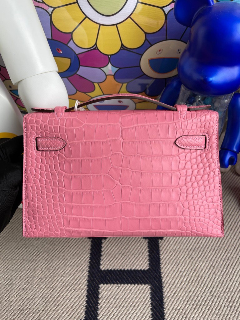 Hermès（爱马仕）mini kelly pochette Alligator matt 雾面鳄鱼 5p 樱花粉 金扣 22cm 手拿包 晚宴包