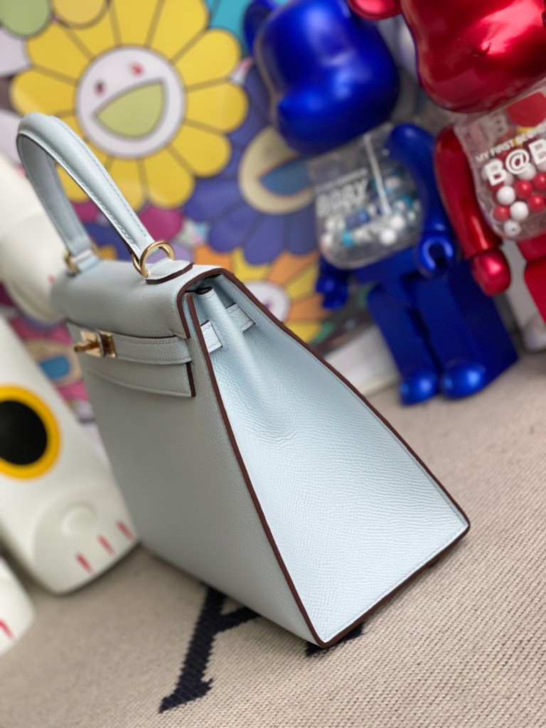 Hermès（爱马仕）Kelly 凯莉包 Epsom 原厂掌纹皮 T0 雾蓝色 金扣 25cm 顶级手缝
