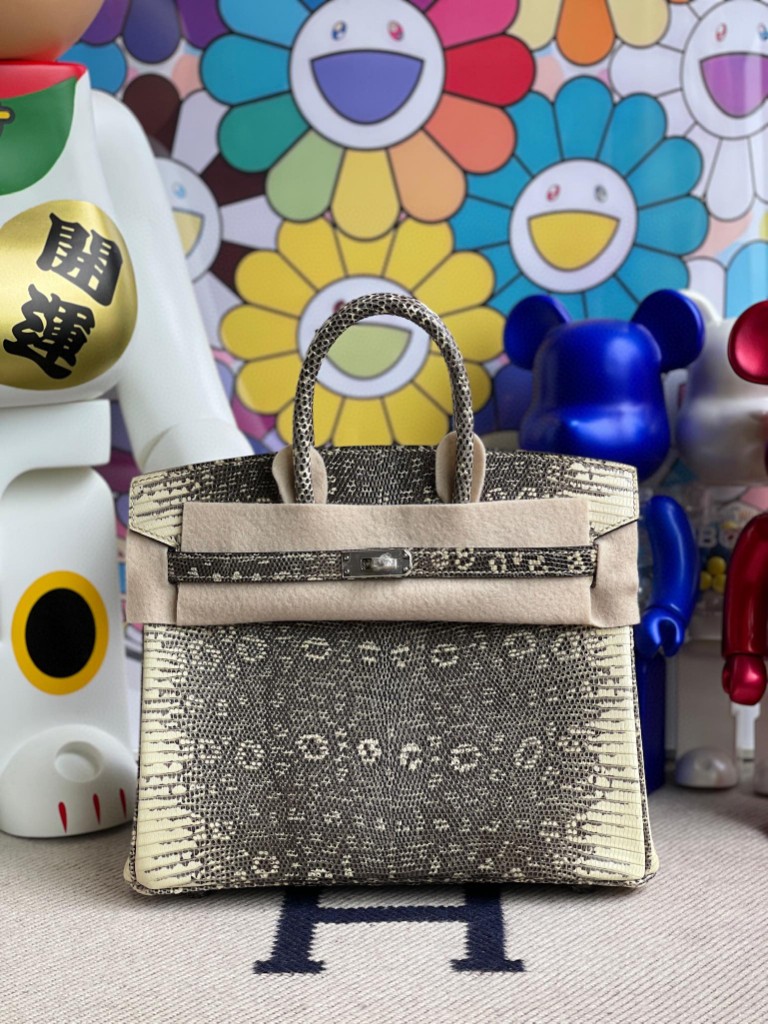 Hermès（爱马仕）Birkin 铂金包 Lizard 进口亮面蜥蜴 原色 小喜马拉雅色 银扣 25cm 顶级手缝