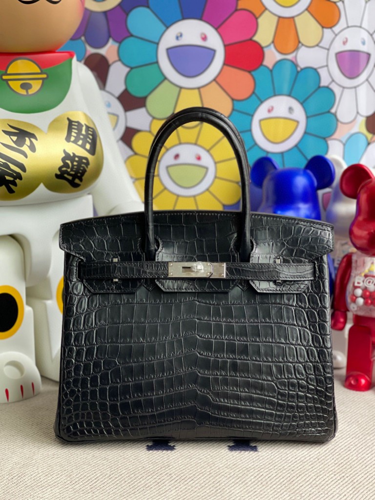 Hermès（爱马仕）Birkin 铂金包 Crocodile matt 雾面鳄鱼 ck89 黑色 Noir 银扣 30cm 顶级手缝