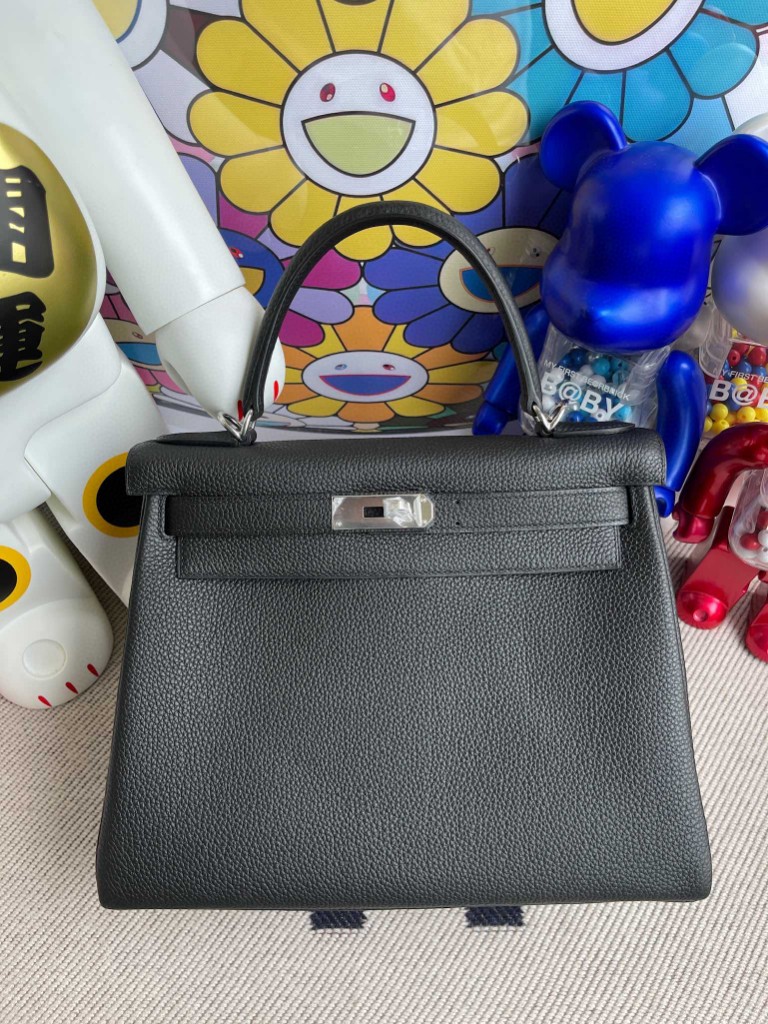 Hermès（爱马仕）Kelly 凯莉包 原厂小牛皮 Togo ck89 黑色 Noir 银扣 28cm 顶级手缝