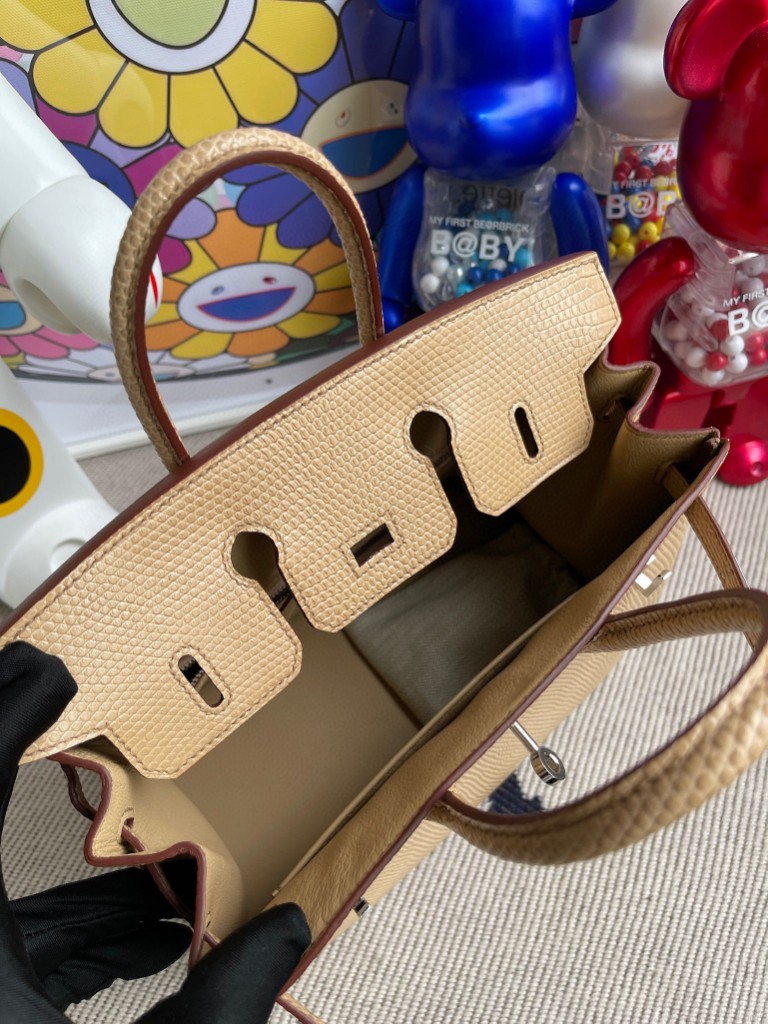 Hermès（爱马仕）Birkin 铂金包 Lizard 进口亮面蜥蜴 杏色 银扣 25cm 顶级手缝 定制