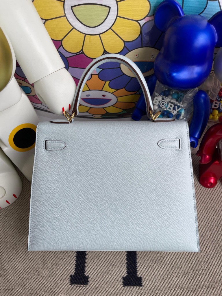Hermès（爱马仕）Kelly 凯莉包 Epsom 原厂掌纹皮 T0 雾蓝色 金扣 25cm 顶级手缝