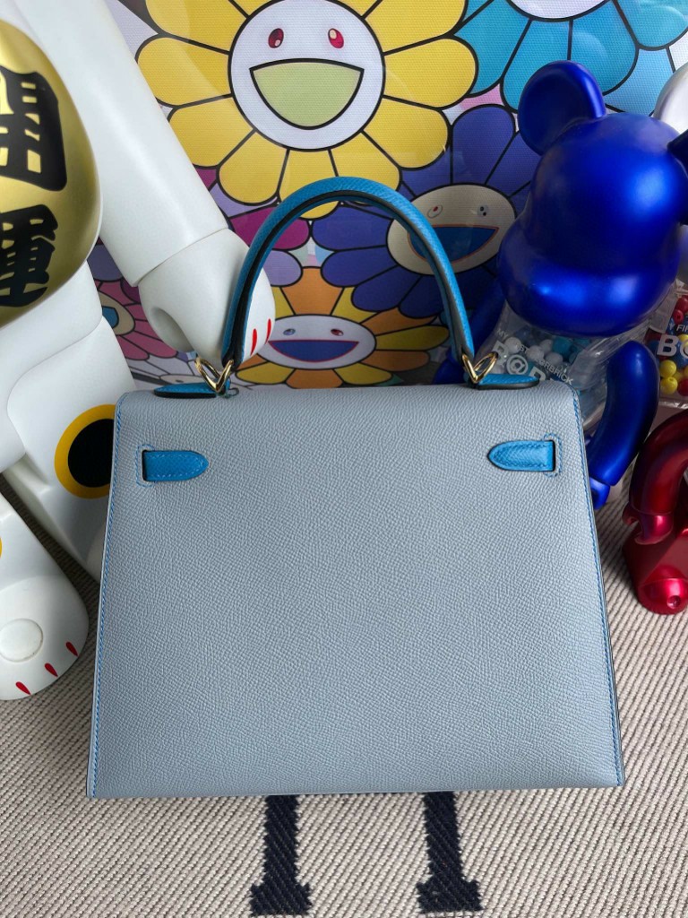 Hermès（爱马仕）Kelly 凯莉包 Epsom 原厂掌纹皮 亚麻蓝拼坦桑尼亚蓝 金扣 25cm 顶级手缝
