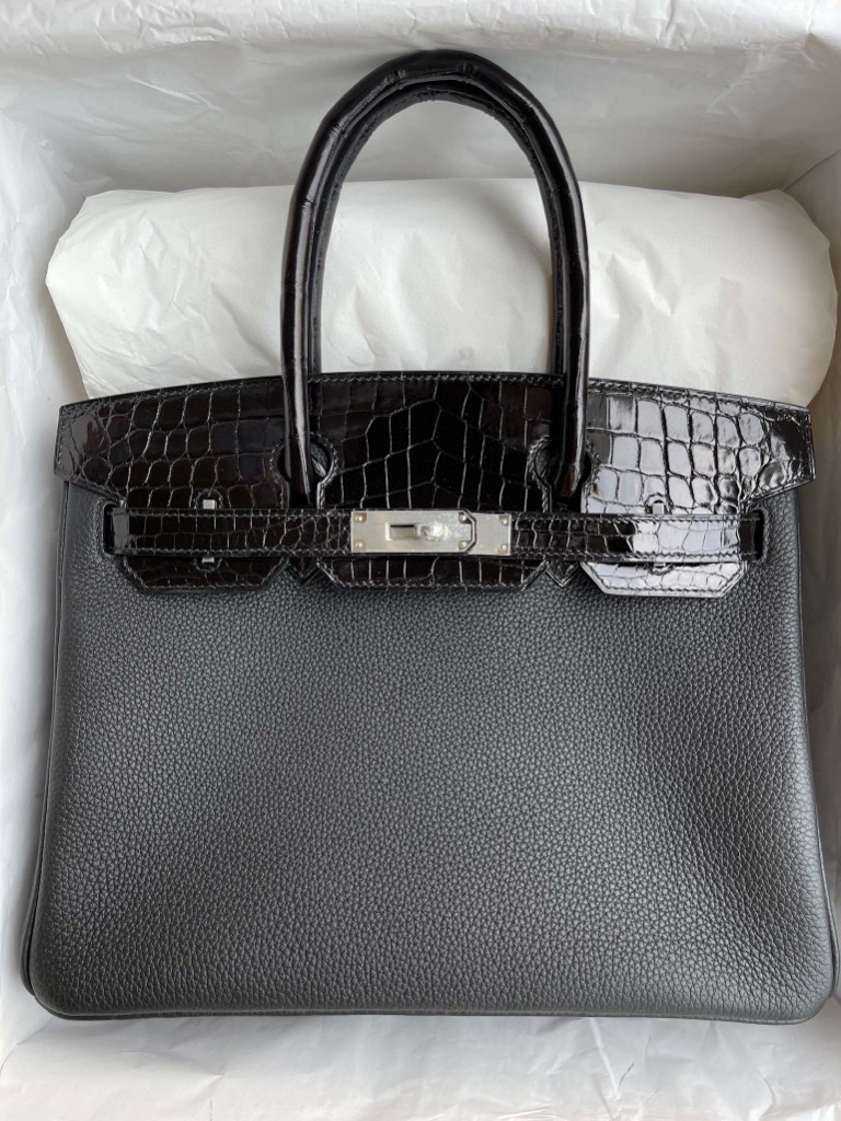 Hermès（爱马仕）Touch 系列 Birkin 铂金包 黑色 亮面两点鳄鱼 银扣 30cm 顶级手缝