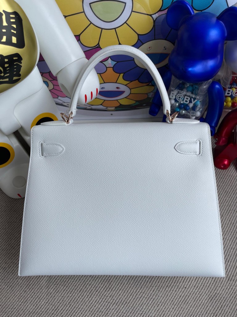 Hermès（爱马仕）Kelly 凯莉包 Epsom 原厂掌纹皮 01 纯白 White 白雪公主 玫瑰金扣 rose gold 28cm 顶级手缝