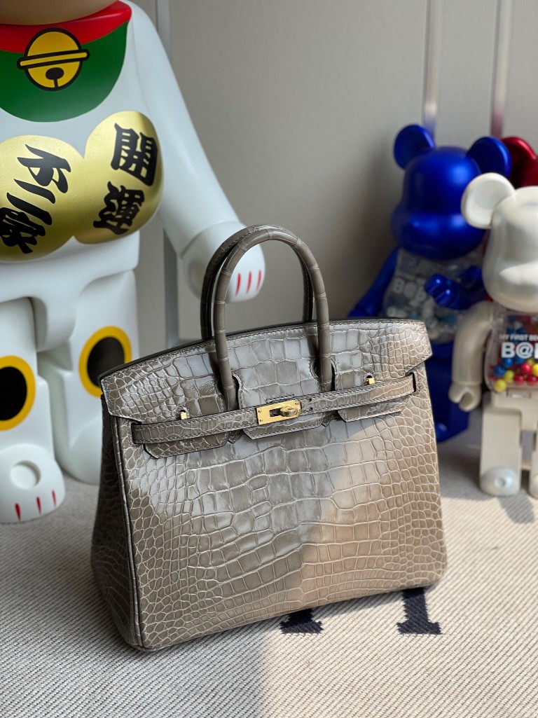Hermès（爱马仕）Birkin 铂金包 Alligator shiny 亮面鳄鱼 ck81 斑鸠灰 金扣 25cm 顶级手缝