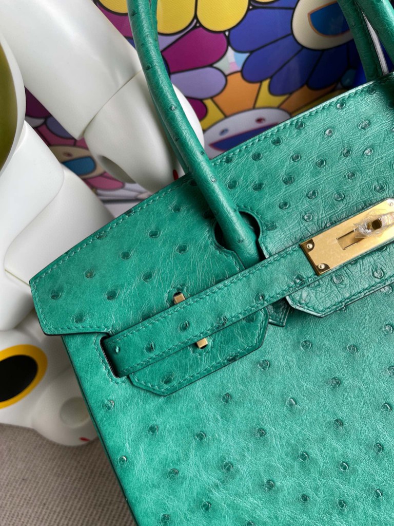 Hermès（爱马仕）Birkin 铂金包 Ostrich kk鸵鸟 U4 丝绒绿内拼唇膏粉 金扣 30cm 马蹄印 顶级手缝