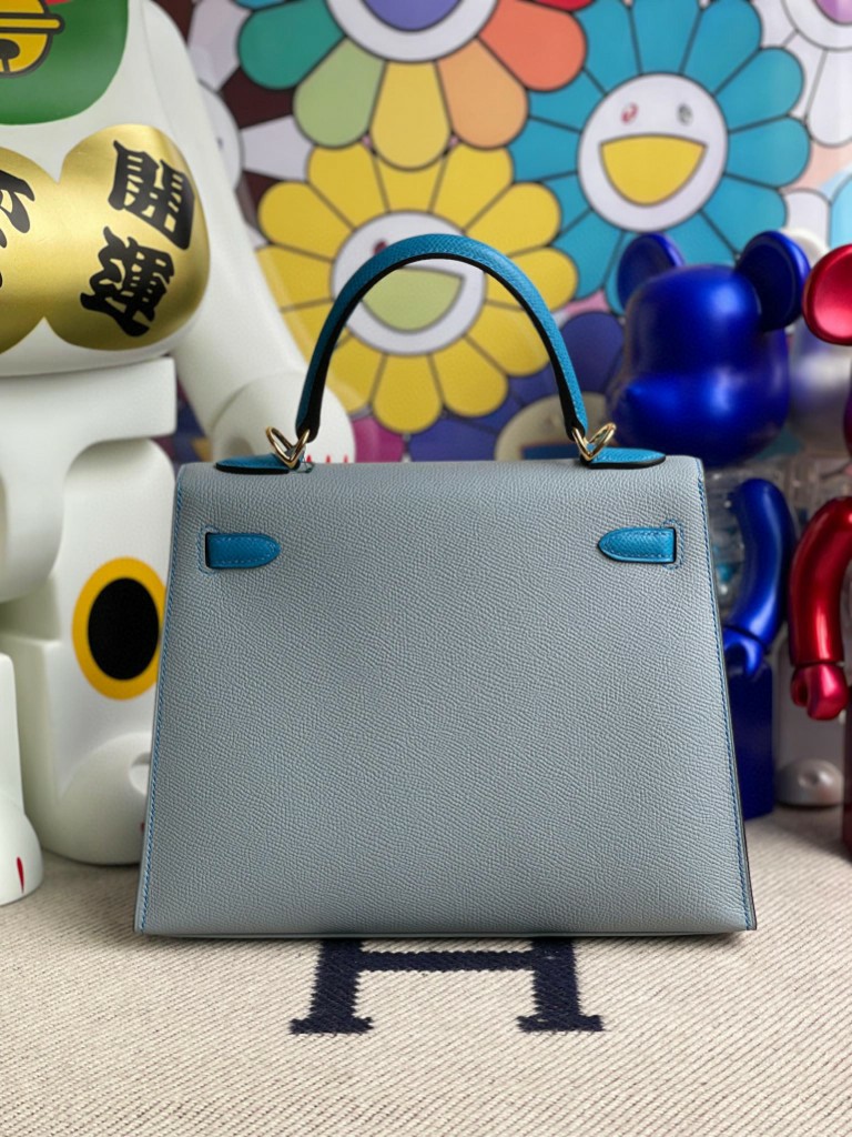 Hermès（爱马仕）Kelly 凯莉包 Epsom 原厂掌纹皮 亚麻蓝拼坦桑尼亚蓝 金扣 25cm 顶级手缝
